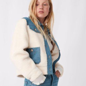 MAJE DENIM TRIM FAUX FUR SHEARLING JACKET